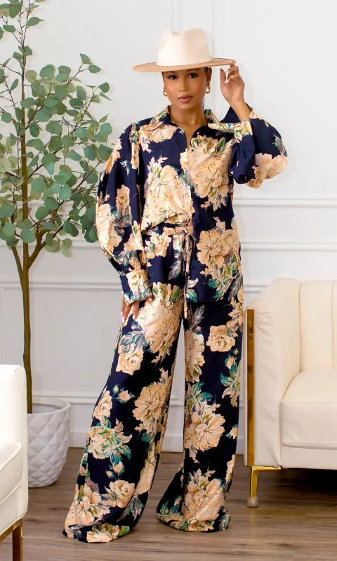 Everlee Floral Silk Button Down Pants Set - Ivory Multi E5 sold by Cutely Covered