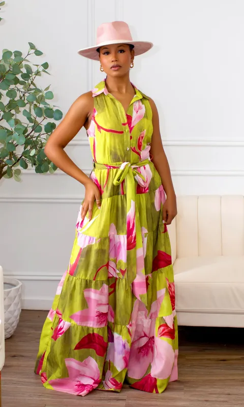 Astrid Floral Tiered Maxi Dress -Lime Multi A12 sold by Cutely Covered