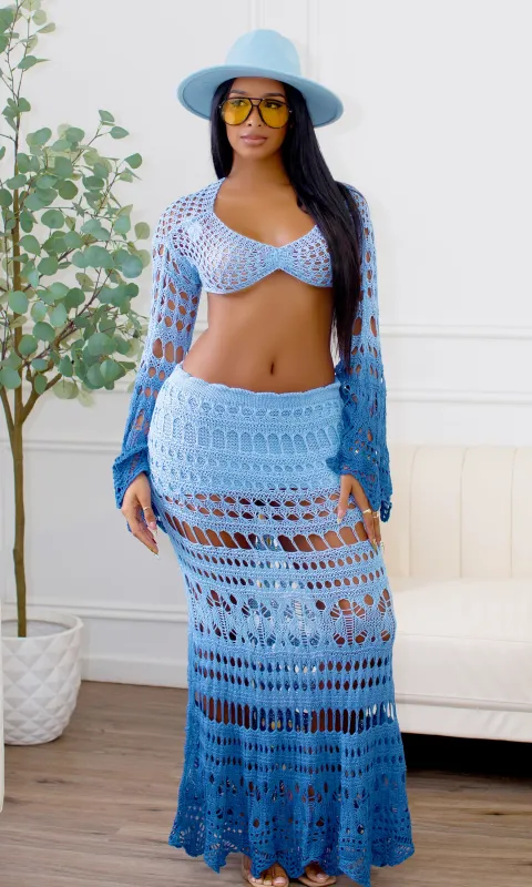 Trinity Boho Sheer Ombre Fishtail Crochet Maxi Skirt - Blue sold by Cutely Covered
