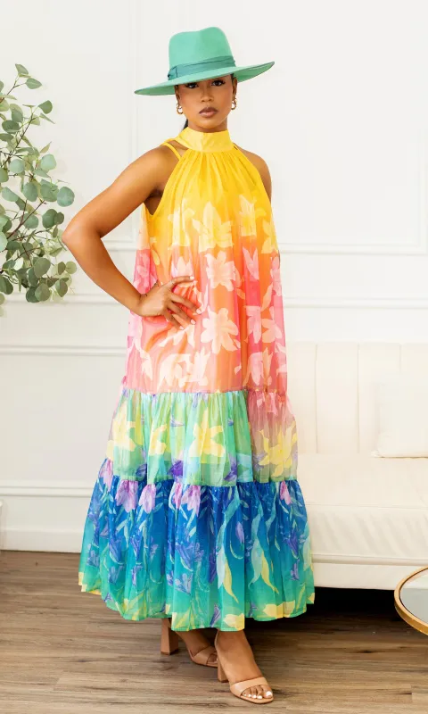 Jimena Radiant Blooms Tiered Halter Maxi Dress sold by Cutely Covered