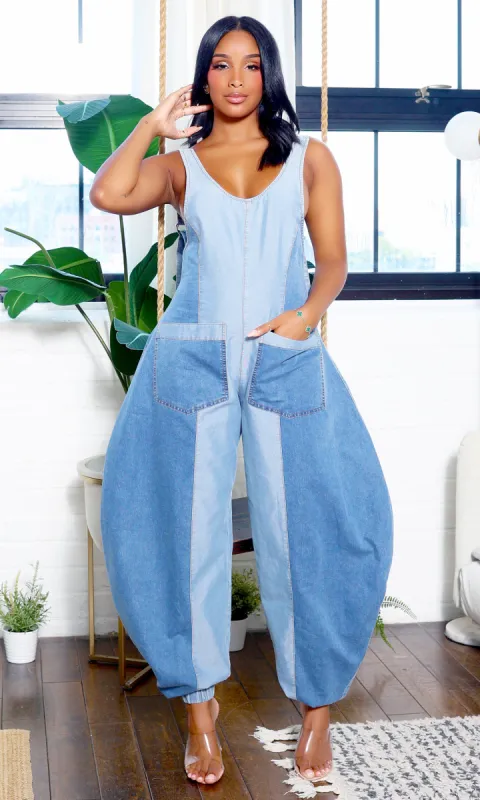 Harmony | Sleeveless Balloon Denim Jumpsuit sold by Cutely Covered