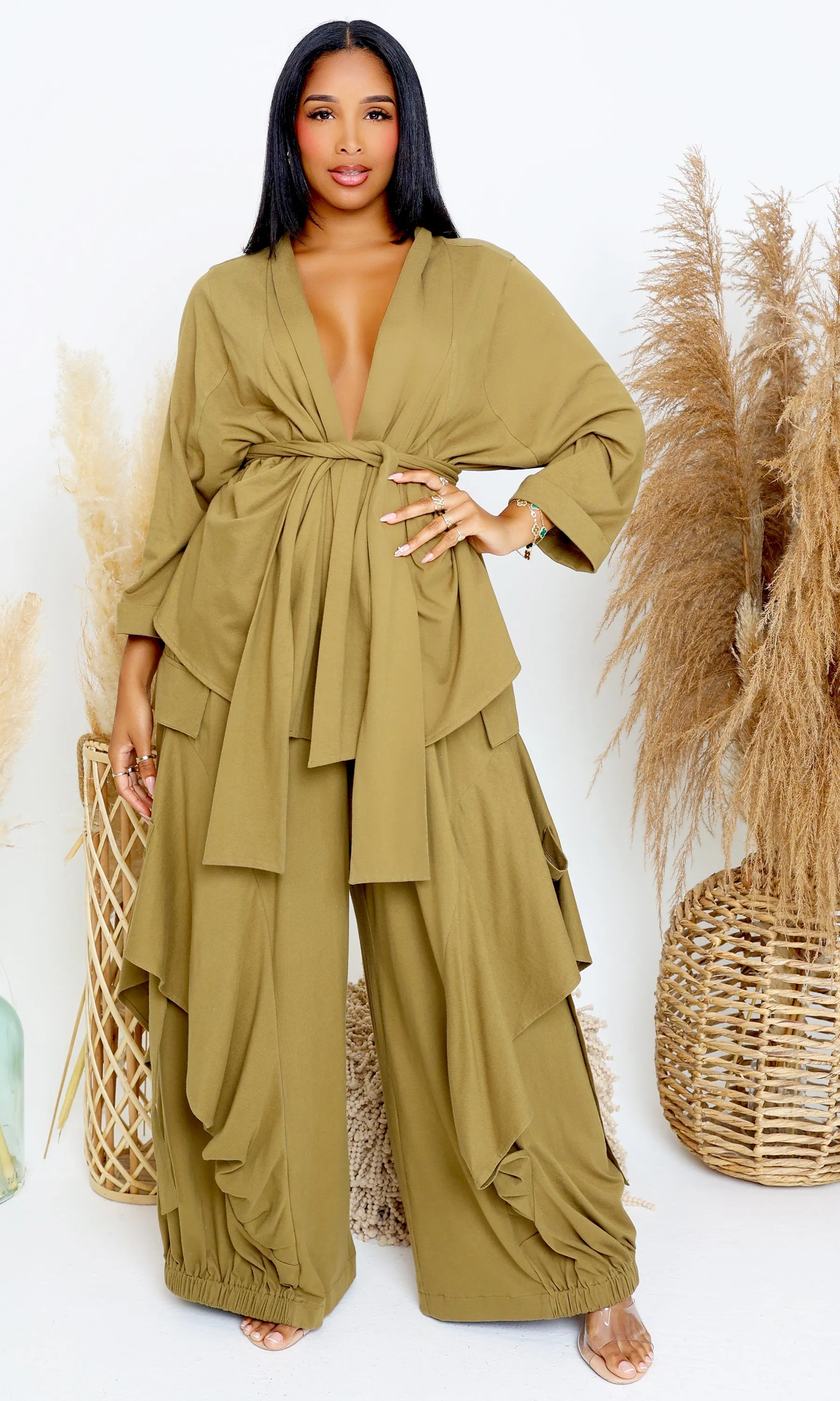 Luxury | Jersey Cardigan Set - Olive L1 sold by Cutely Covered