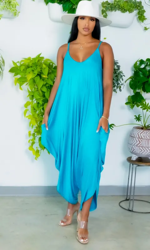 Long V Neck Harem Jumpsuit  - Aqua sold by Cutely Covered