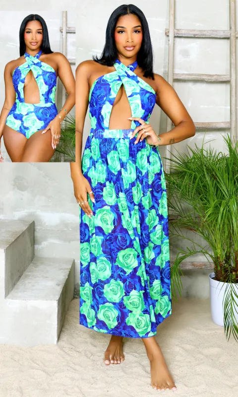 Halter Hussy | One Piece Monokini Skirt Set Blue/Green PREORDER H5 sold by Cutely Covered