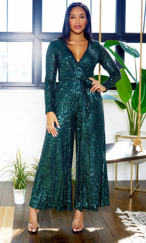 Glitz V-Neck Sequin Jumpsuit - Green sold by Cutely Covered