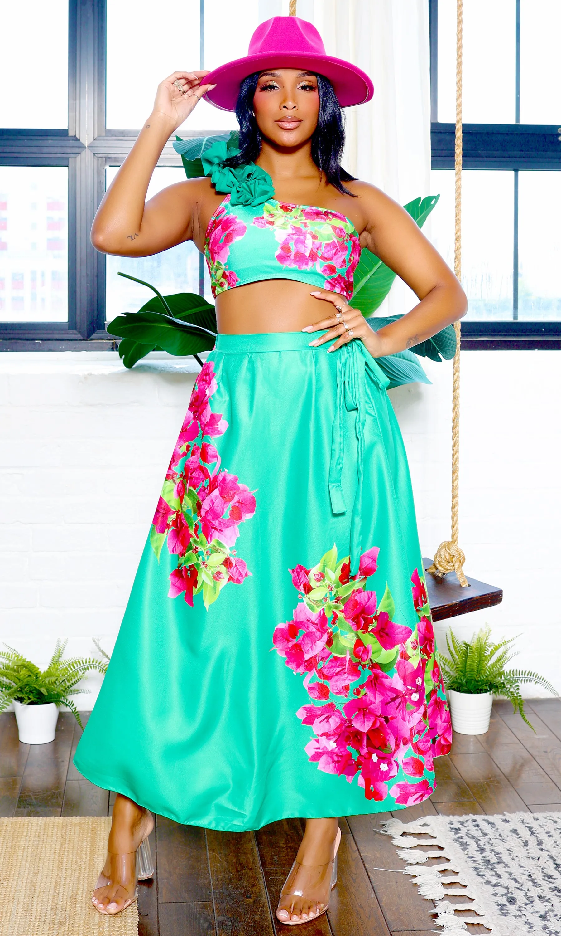 Elizabeth | Floral One Shoulder Bikini & Coverup Set - Green Pink E3 PREORDER sold by Cutely Covered product image thumbnail 5