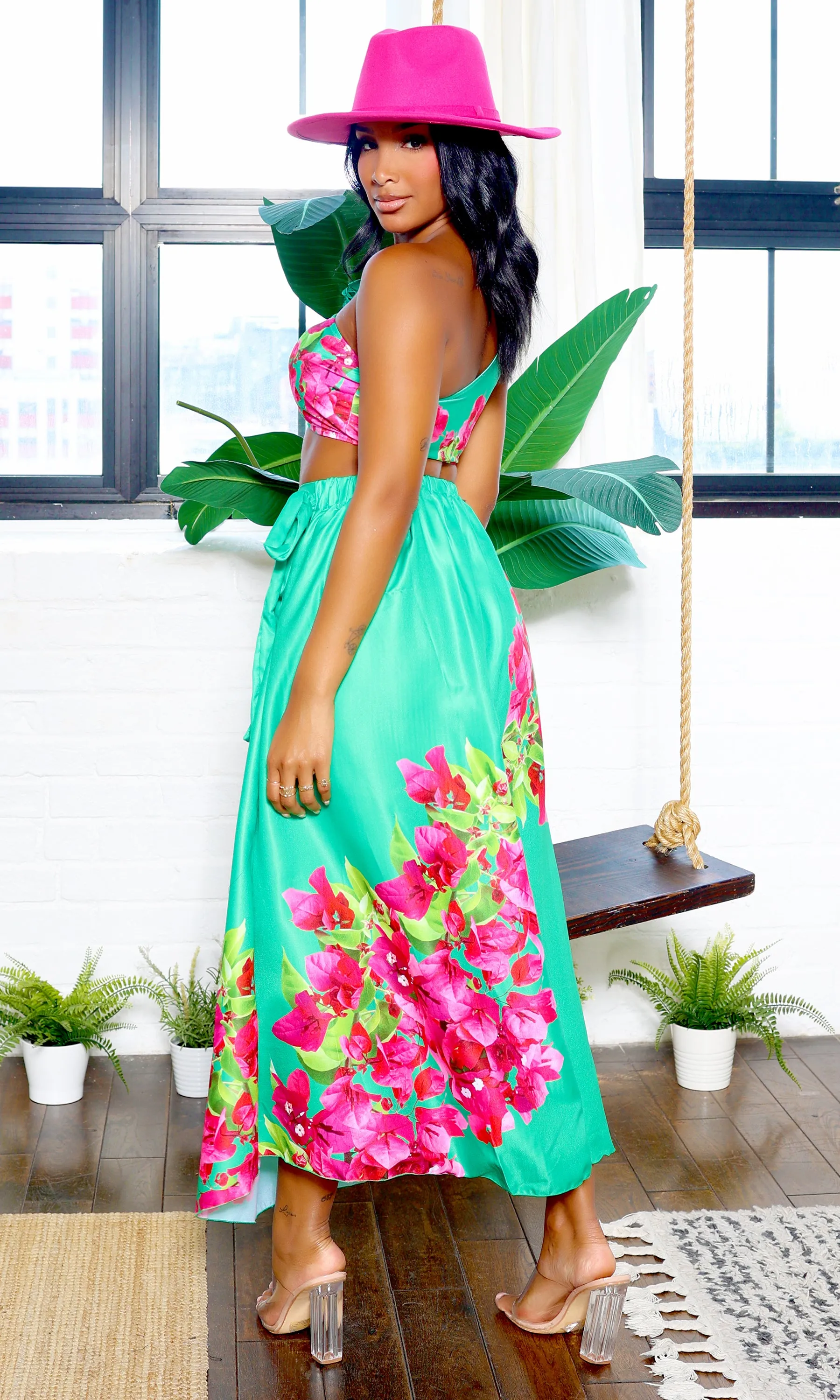 Elizabeth | Floral One Shoulder Bikini & Coverup Set - Green Pink E3 PREORDER sold by Cutely Covered product image thumbnail 4