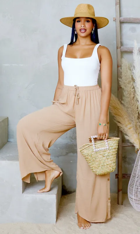 Cotton Breeze | Side Buttons Wide Leg Pants - Brown sold by Cutely Covered