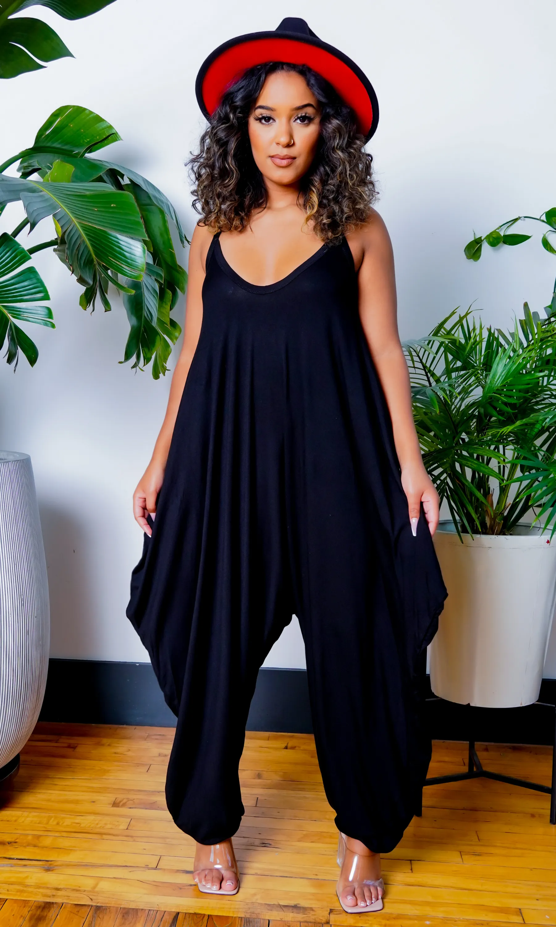 Long V Neck Harem Jumpsuit - Black sold by Cutely Covered product image thumbnail 2