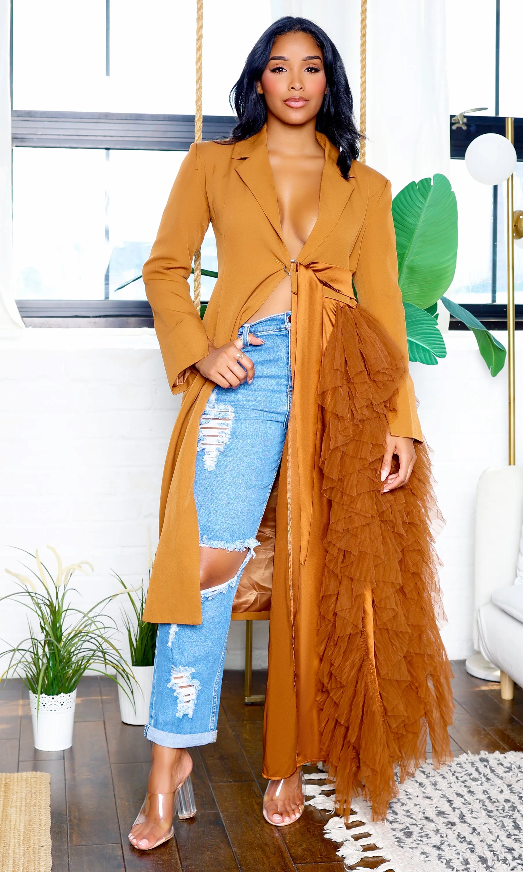 About It | Ruffle Detail Blazer Dress - Rust sold by Cutely Covered