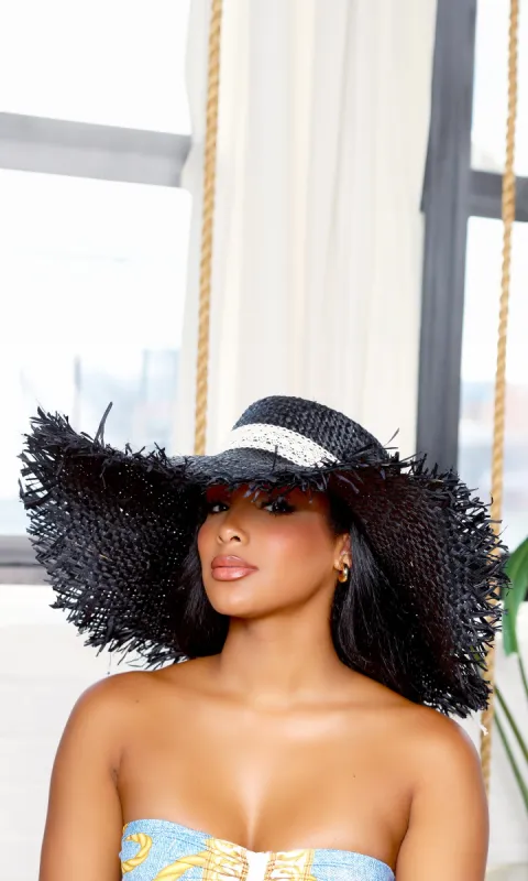 Lace-Banded Raw Edge | Women’s Adjustable Wide Brim Straw Hat Sun Protection  - Black sold by Cutely Covered