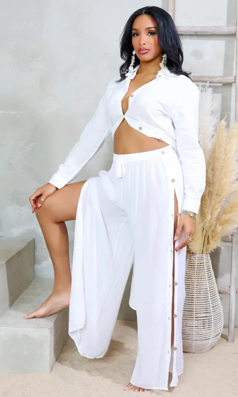 Cotton Breeze | Side Buttons Wide Leg Pants - White C8 sold by Cutely Covered