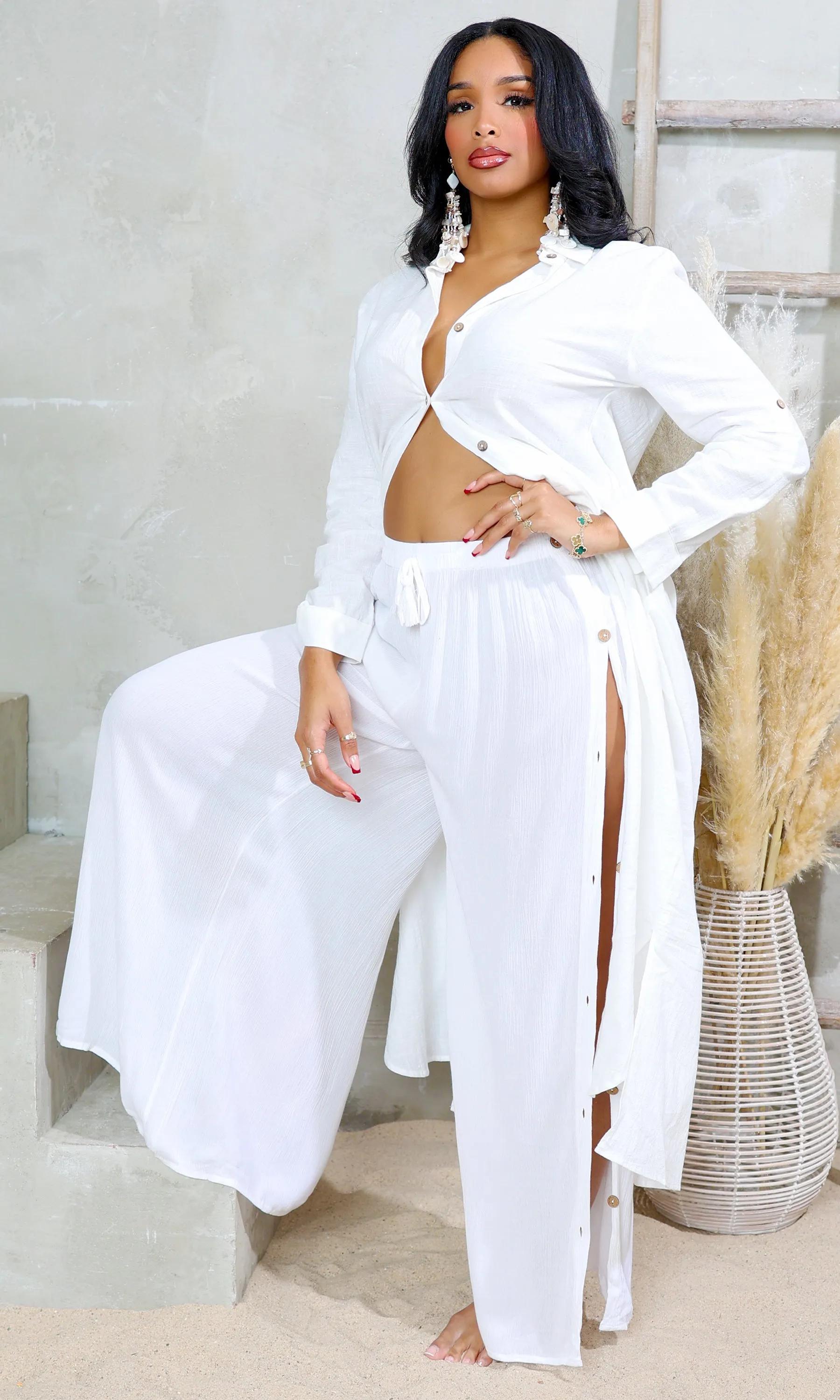Cotton Breeze | Side Buttons Wide Leg Pants - White C8 sold by Cutely Covered product image thumbnail 4