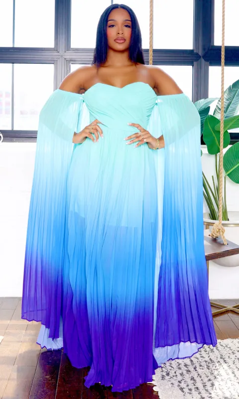Leah | Off-Shoulder Maxi Cape Dress - Teal Ombre sold by Cutely Covered