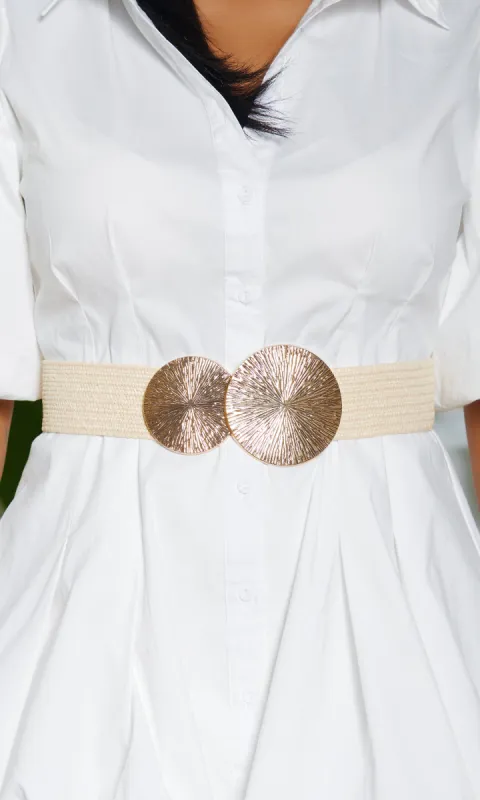 Two Round Buckle Elastic Waistband Belt -Cream sold by Cutely Covered