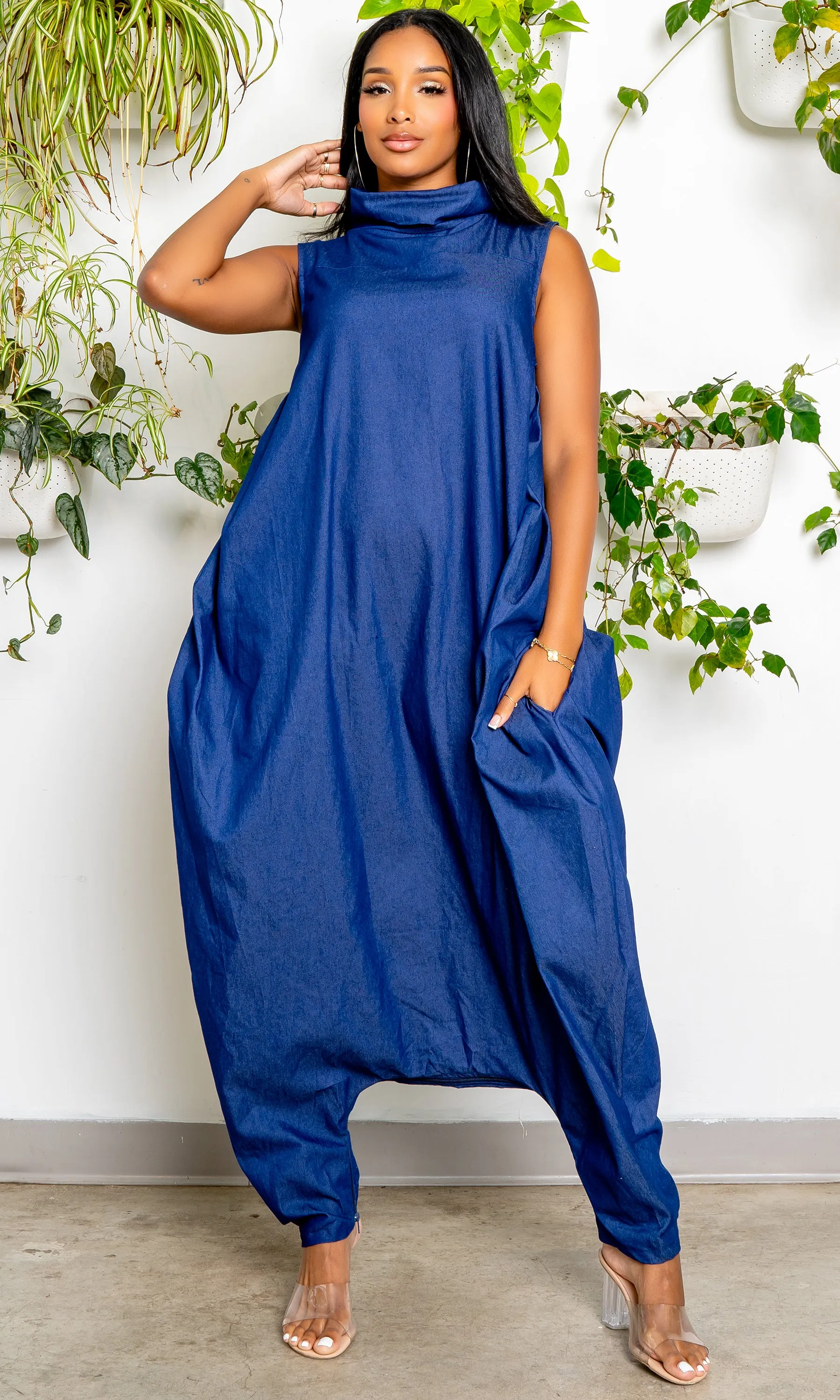 Turtle Neck Harem Jumpsuit - Blue Denim sold by Cutely Covered