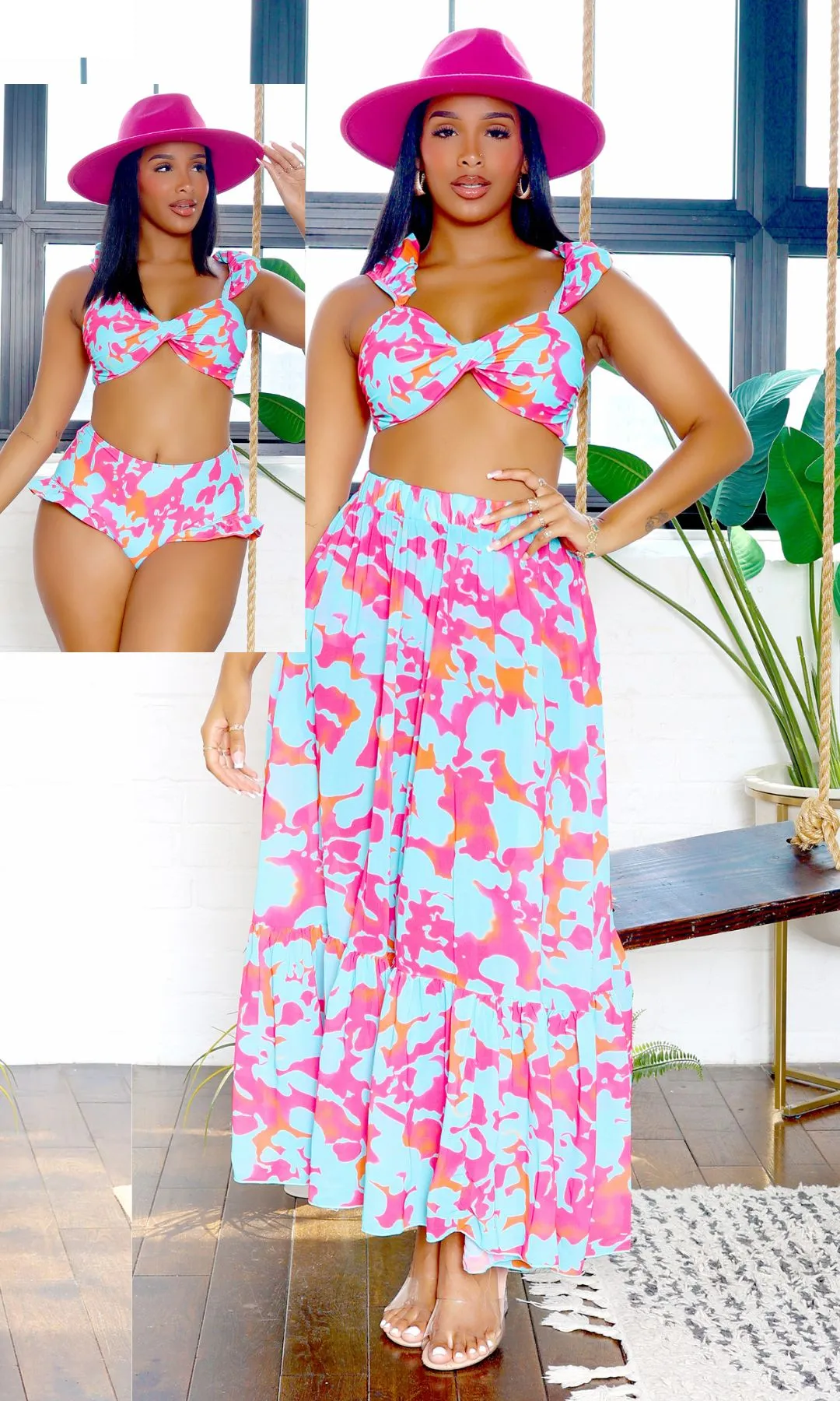 Avery | Ruffle Bikini & Skirt Cover-Up Set - Pink Blue - A11 PREORDER sold by Cutely Covered