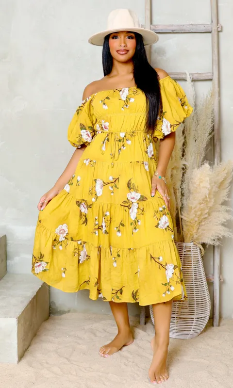 Petal Perfection | Floral Dress - Mustard sold by Cutely Covered
