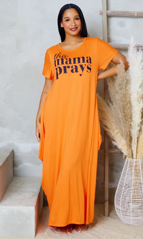 This Mama Prays Knit Pocket Maxi Dress - Orange sold by Cutely Covered