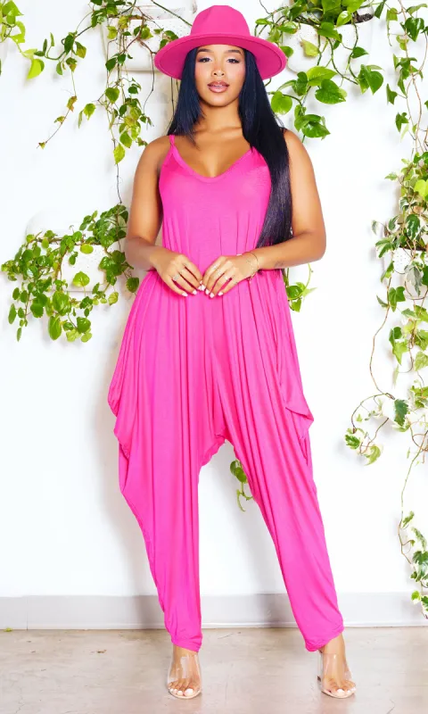 Long V Neck Harem Jumpsuit - Fuchsia sold by Cutely Covered