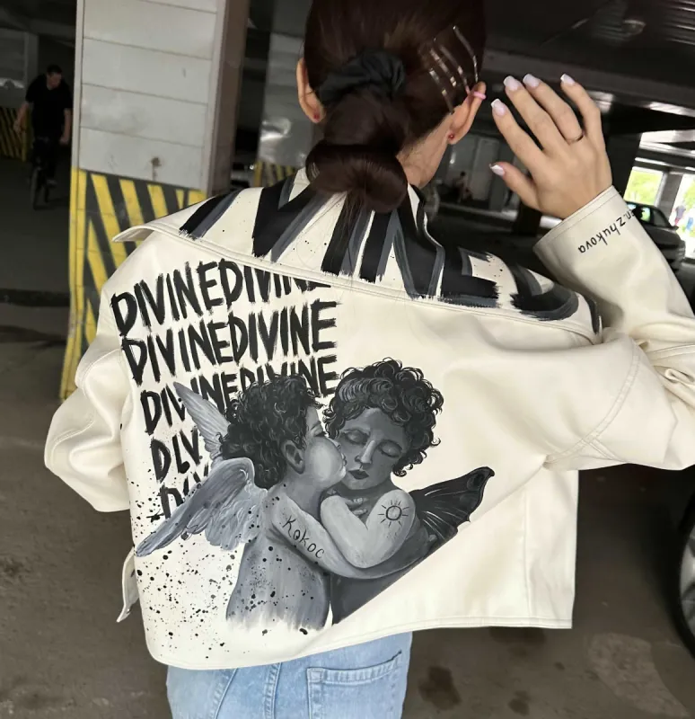 Amour Blanc Hand-painted leather jacket sold by Drippy Custom Many