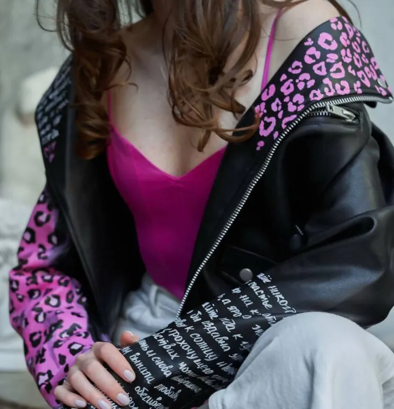 'Pink Leopard' Hand-Painted Leather Jacket sold by Drippy Custom Many