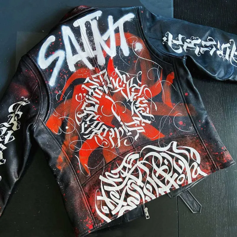 'Saint' Hand-Painted Leather Jacket sold by Drippy Custom Many