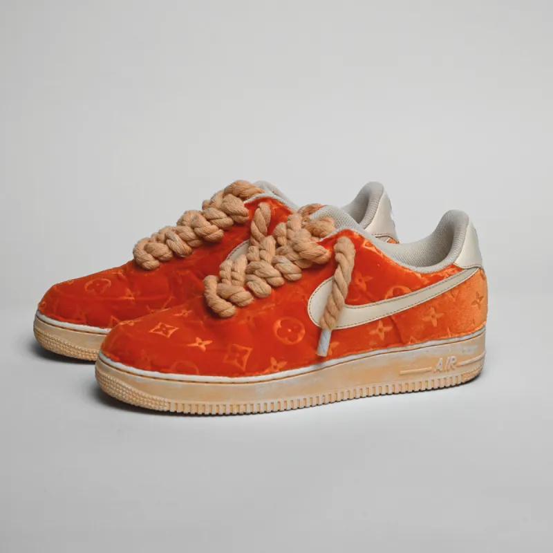 Orange LV Velvet Air Force 1 made by Drippy Custom Many