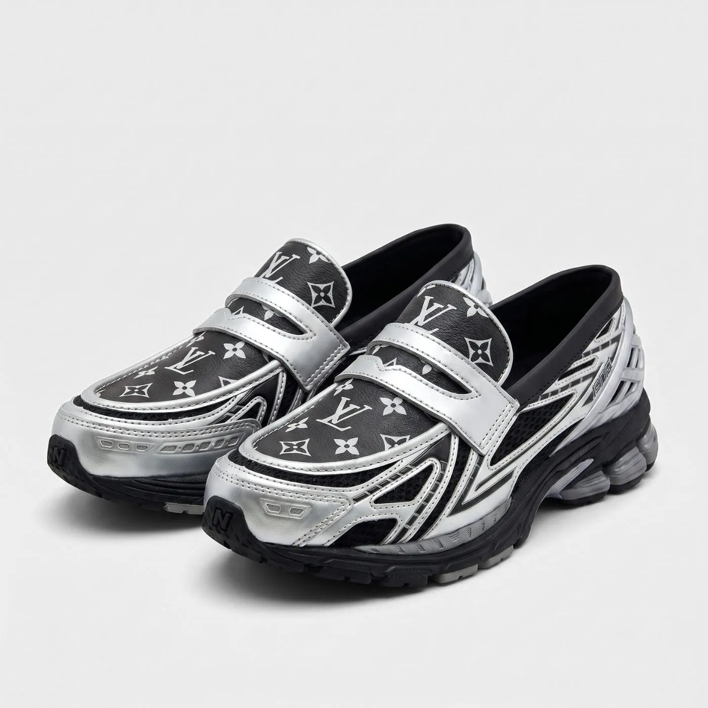 Silver Black LV New Balance 1906L Loafers sold by Drippy Custom Many