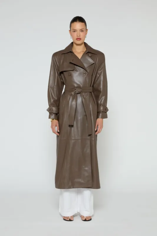 Corrin Leather Trench Coat sold by DUCIE