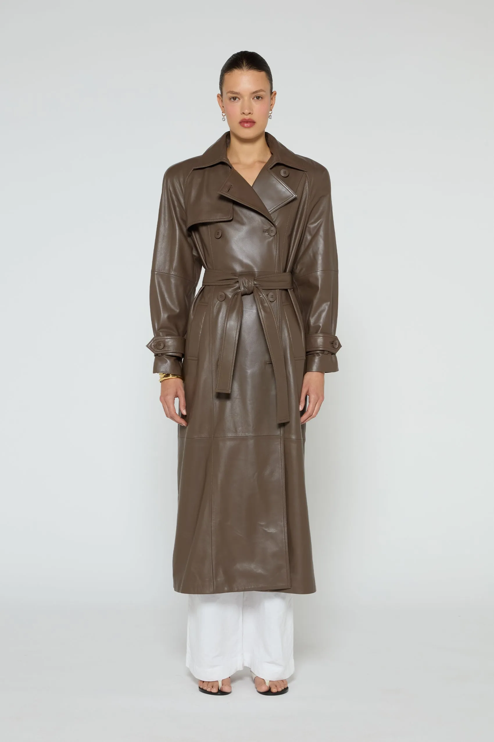 Corrin Leather Trench Coat sold by DUCIE