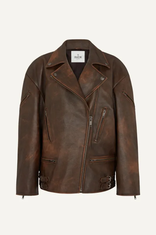 Samantha Distressed Leather Biker Jacket  - Brown (W/S) RRP £865 sold by DUCIE