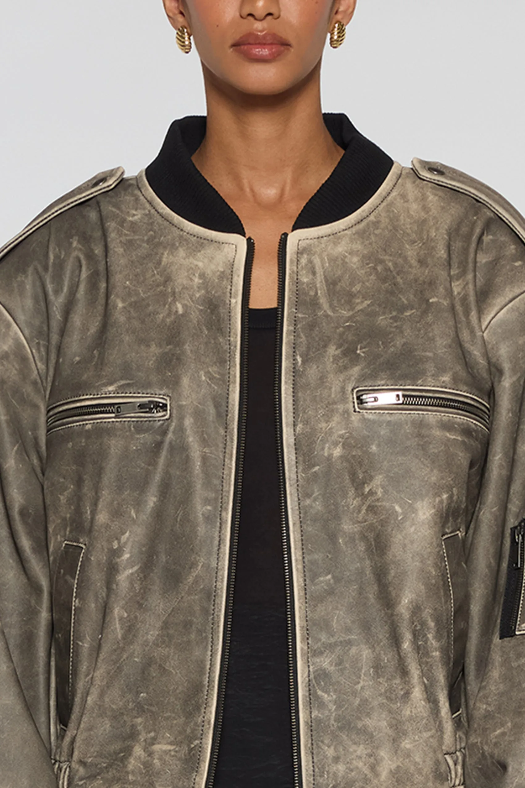 Luna Distressed Leather Bomber Jacket sold by DUCIE product image thumbnail 4