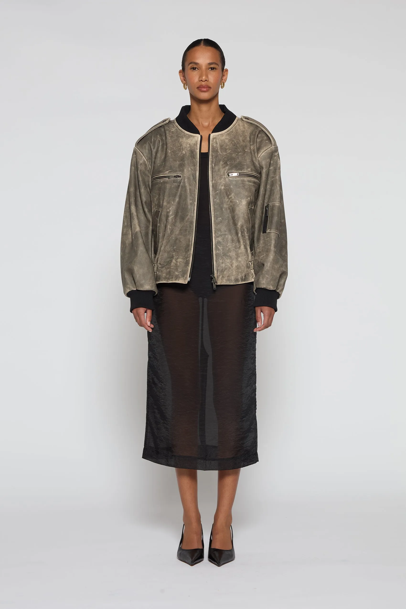 Luna Distressed Leather Bomber Jacket sold by DUCIE