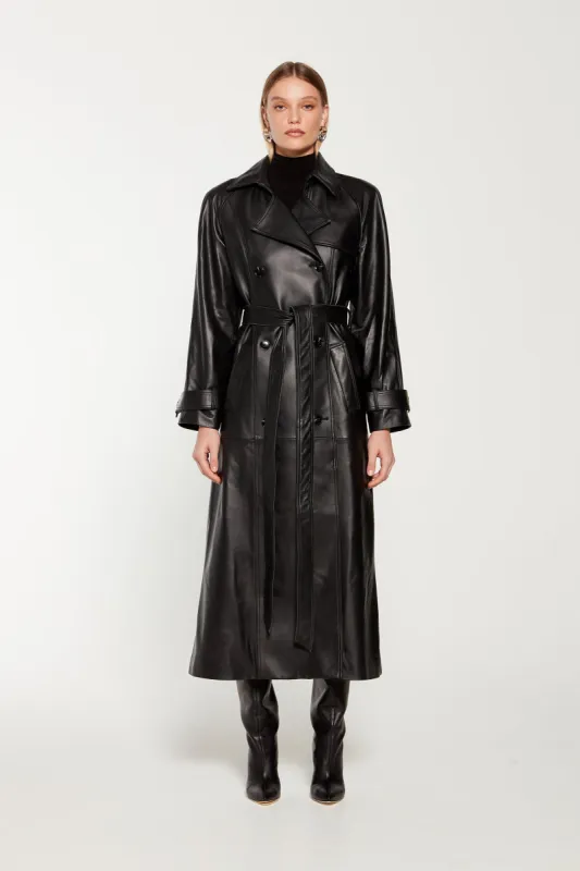 Corrin Leather Trench Coat sold by DUCIE