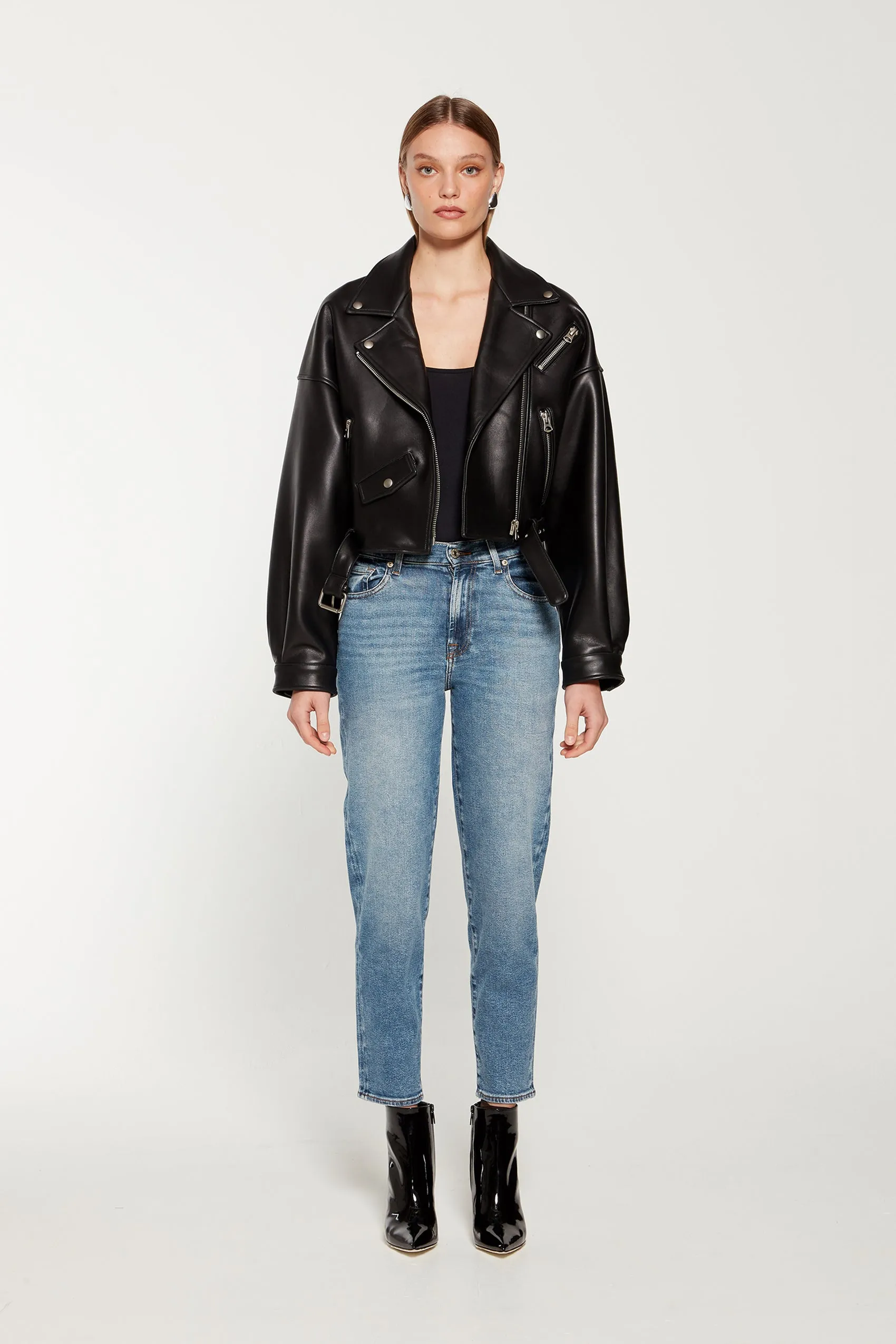 Tanya Cropped Leather Biker Jacket sold by DUCIE