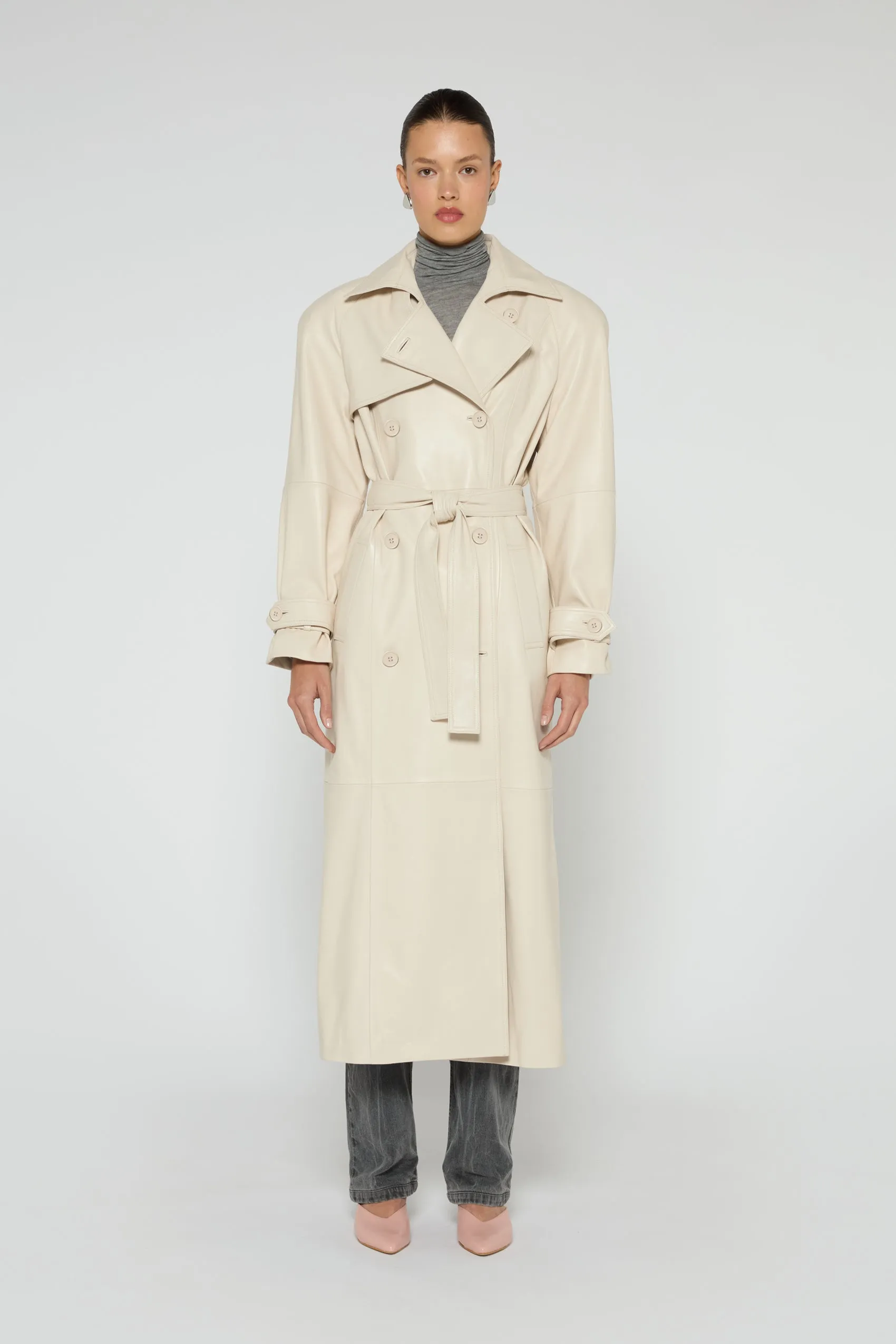 Corrin Leather Trench Coat sold by DUCIE