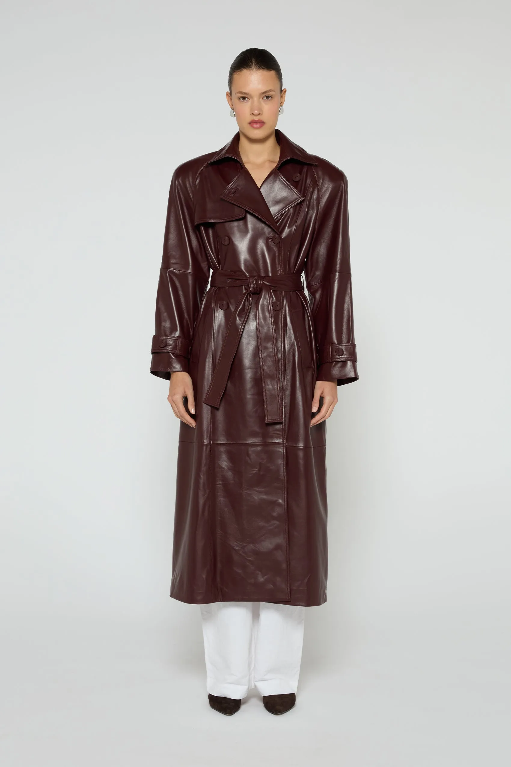 Corrin Leather Trench Coat sold by DUCIE