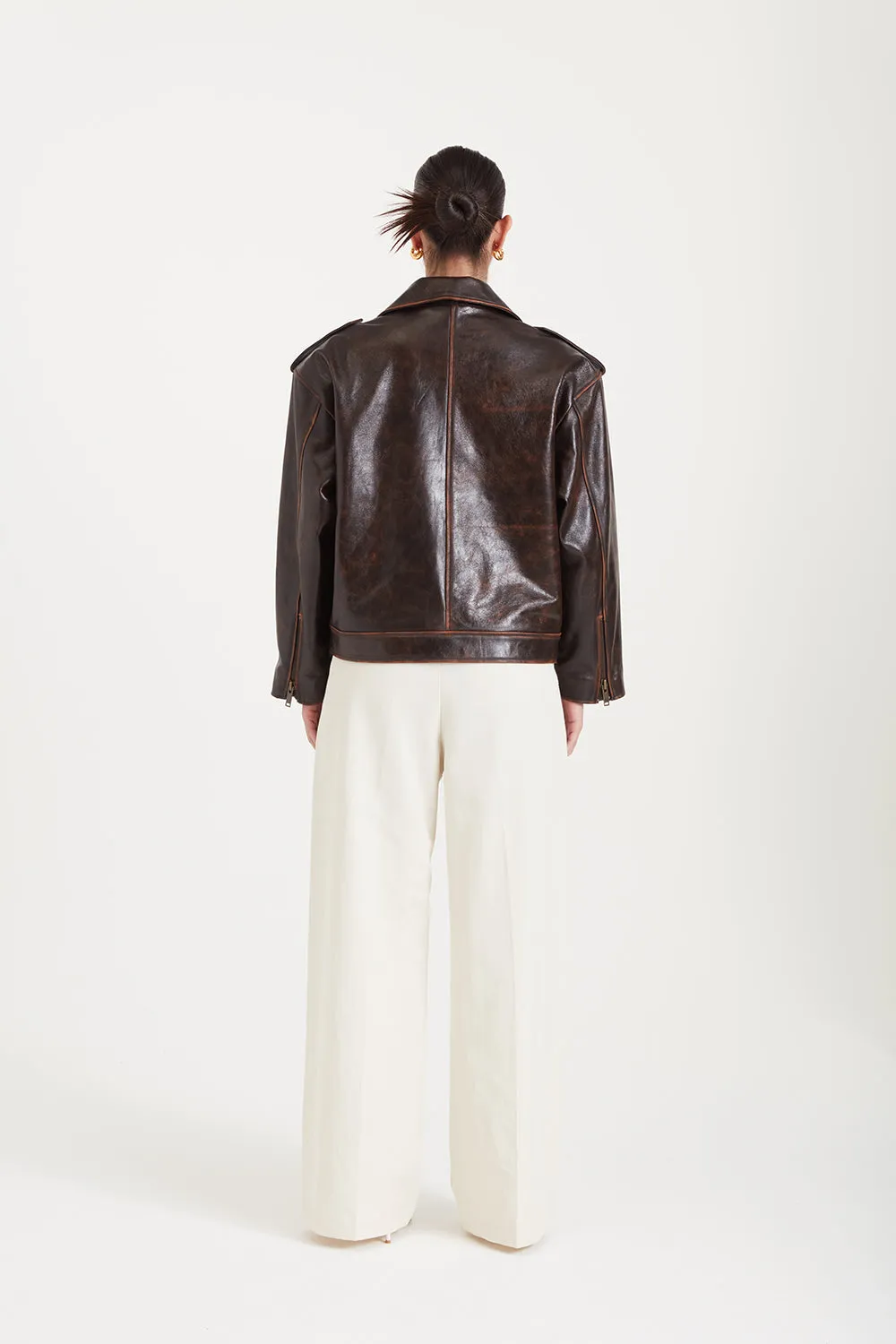 Macy Distressed Lacquered Leather Biker Jacket - Brown (W/S) RRP £865 sold by DUCIE product image thumbnail 5