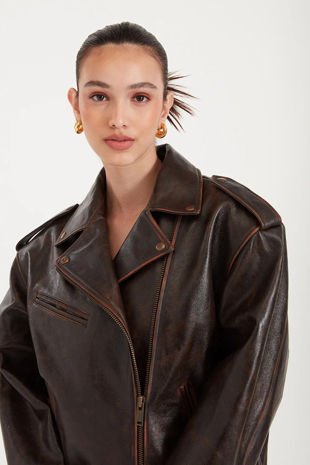 Macy Distressed Lacquered Leather Biker Jacket - Brown (W/S) RRP £865 sold by DUCIE product image thumbnail 3