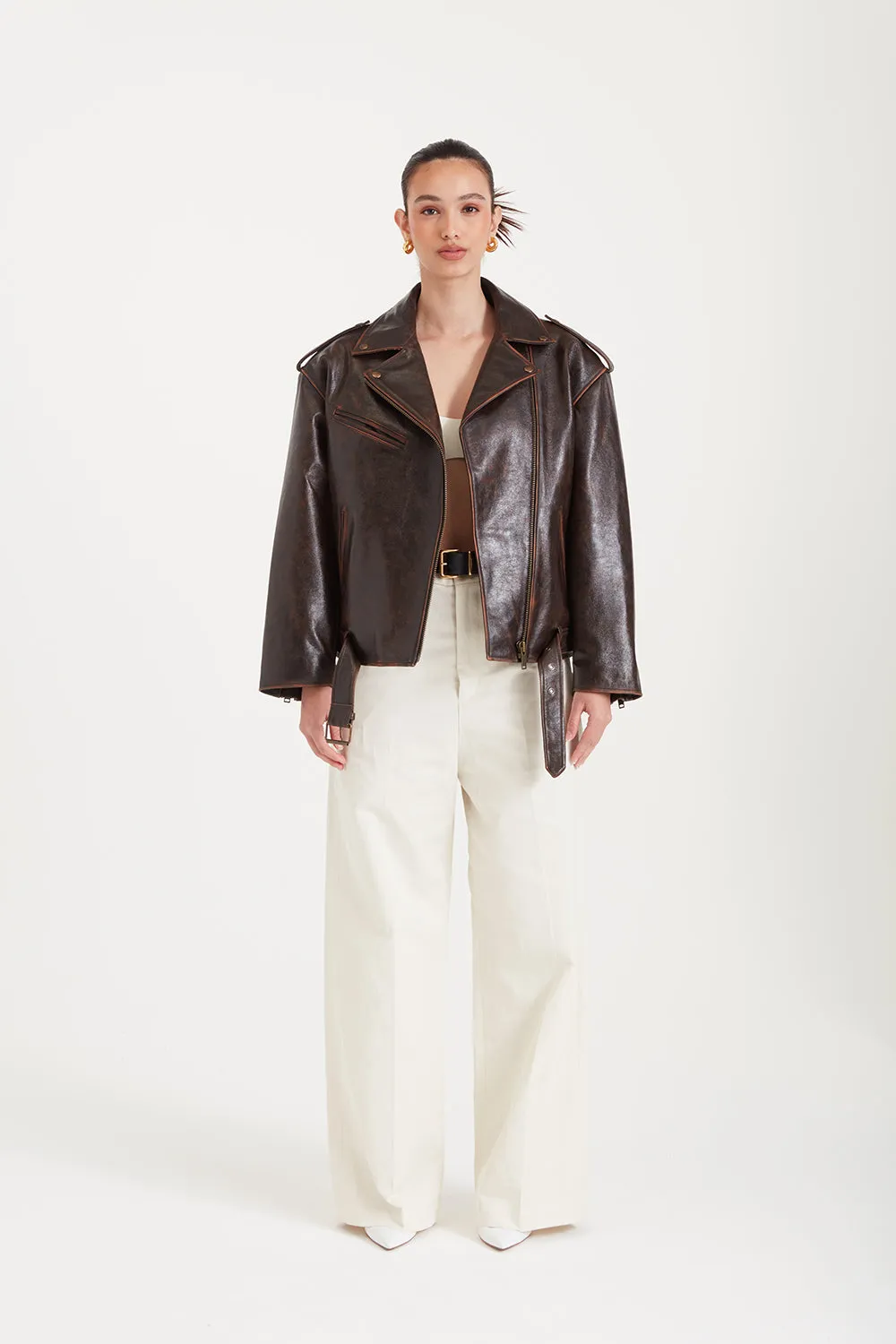 Macy Distressed Lacquered Leather Biker Jacket - Brown (W/S) RRP £865 sold by DUCIE product image thumbnail 2