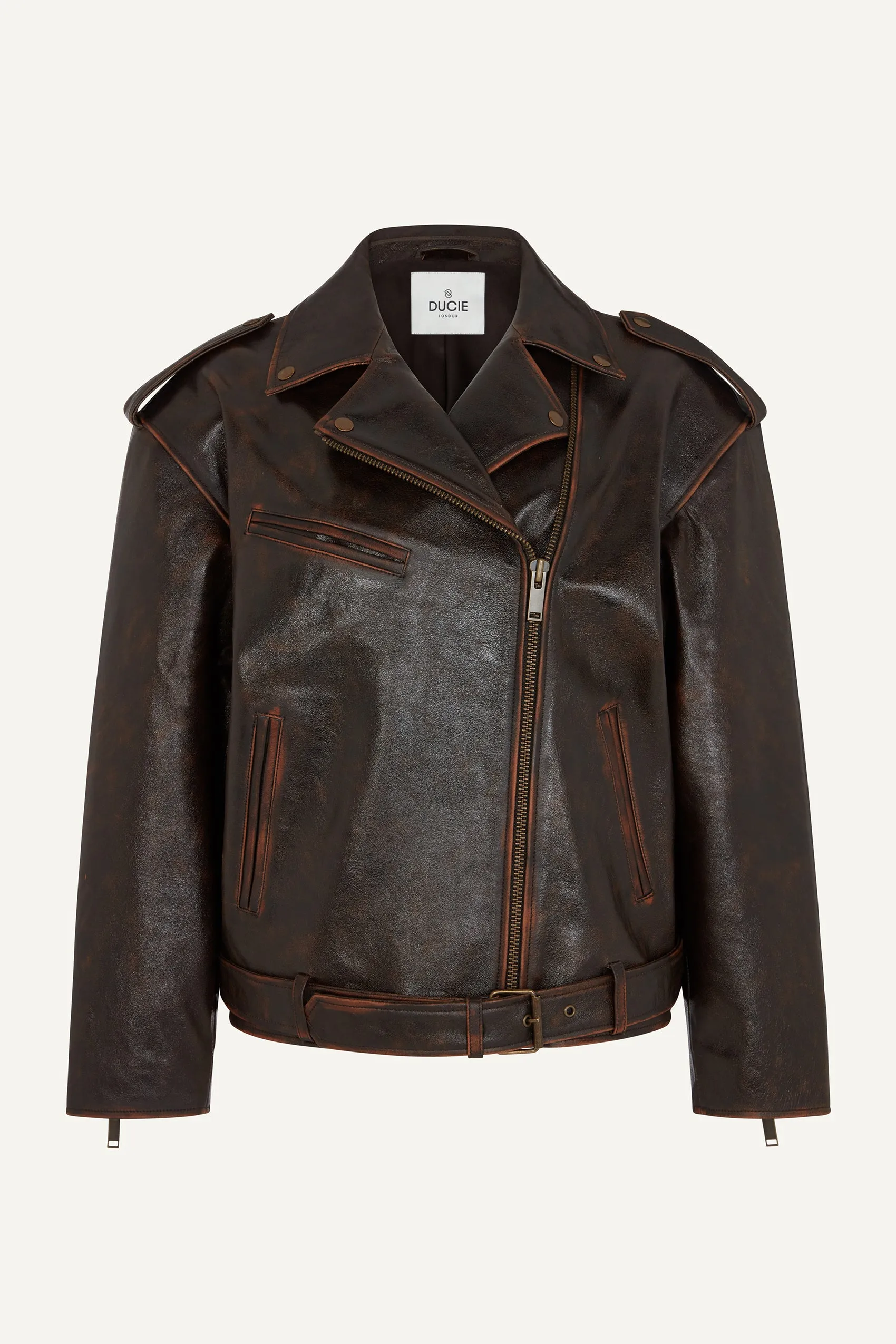 Macy Distressed Lacquered Leather Biker Jacket - Brown (W/S) RRP £865 sold by DUCIE