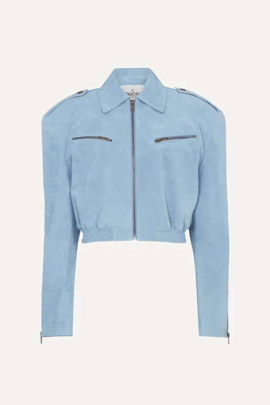 Dakota Cropped Suede Bomber Jacket - Sky Blue (W/S) RRP £595 sold by DUCIE