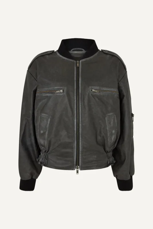 Luna Distressed Leather Bomber Jacket - Soot (W/S) RRP £750 sold by DUCIE