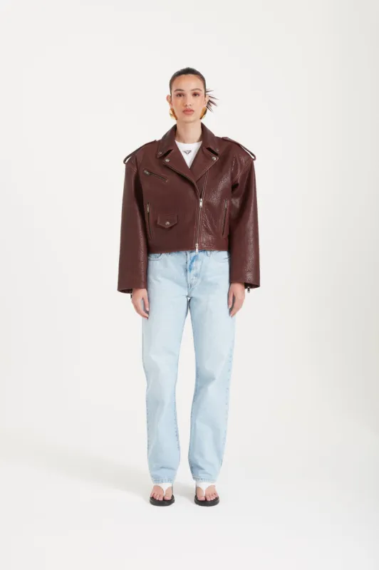 Ophelia Cropped Leather Biker Jacket  - Claret (W/S) RRP £770 sold by DUCIE