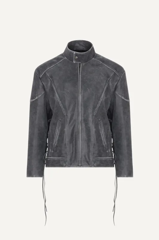 Lenny Distressed Leather Biker Jacket - Grey (W/S) RRP £865 sold by DUCIE