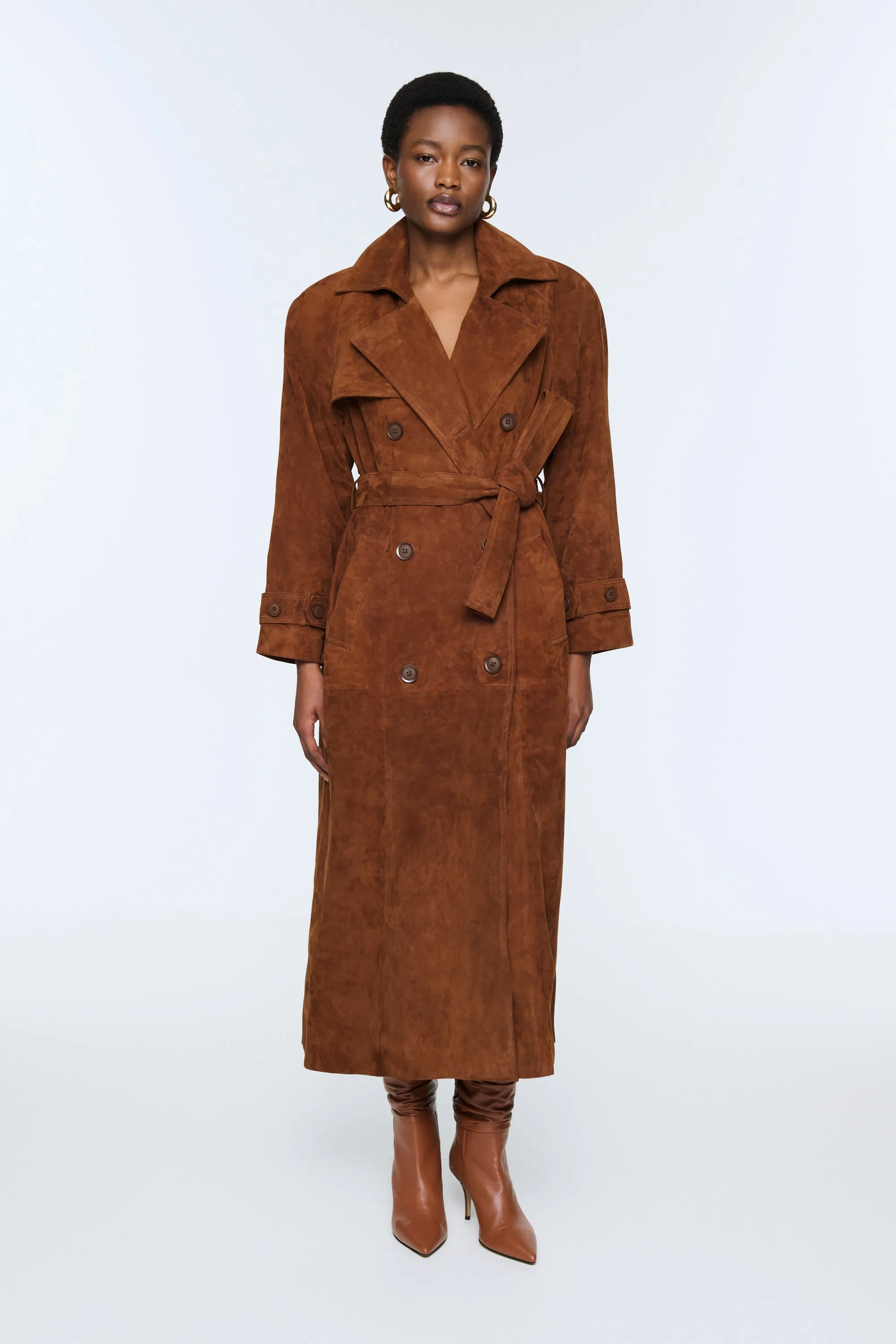 Corrin Suede Trench Coat sold by DUCIE