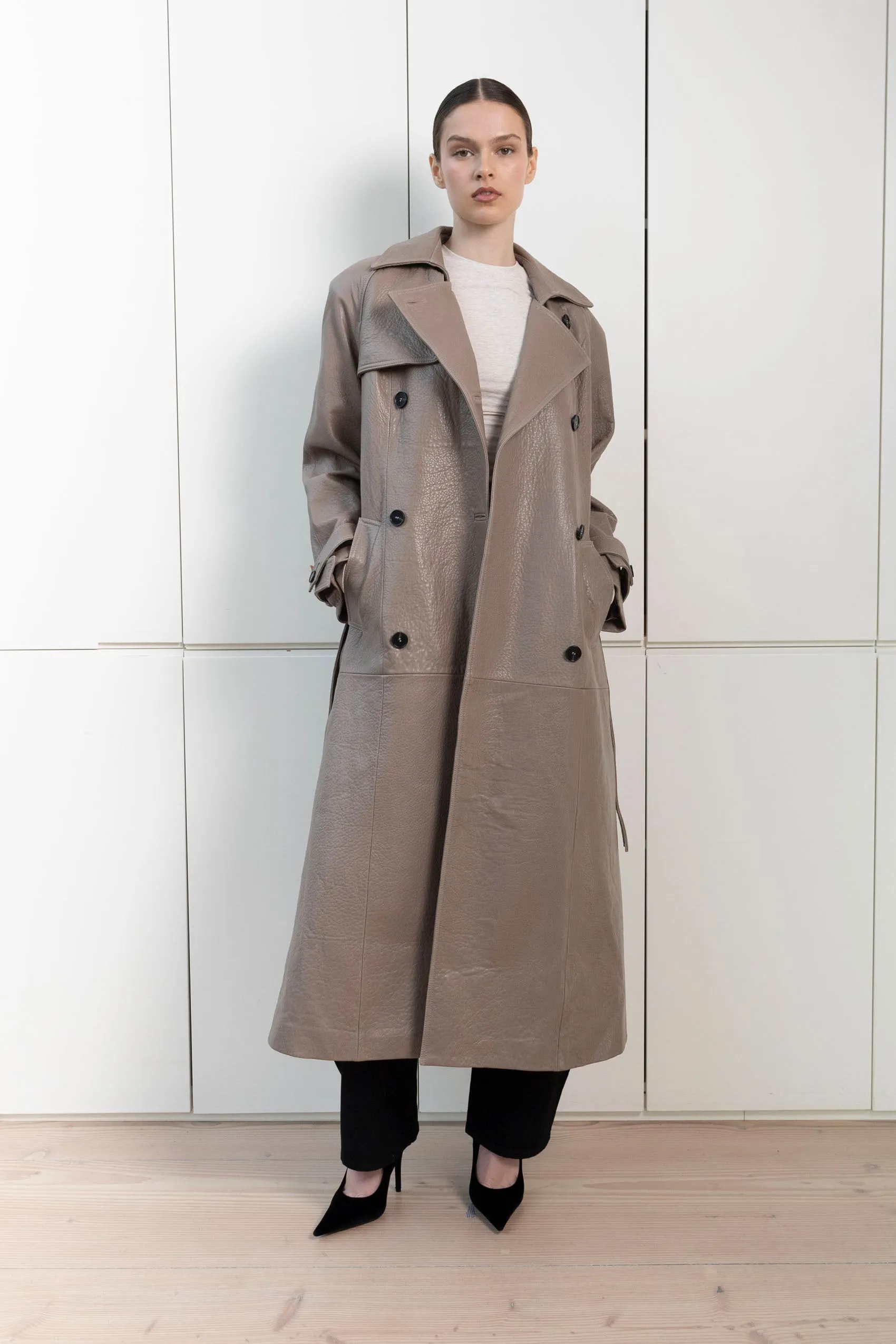 Everly Leather Trench Coat sold by DUCIE