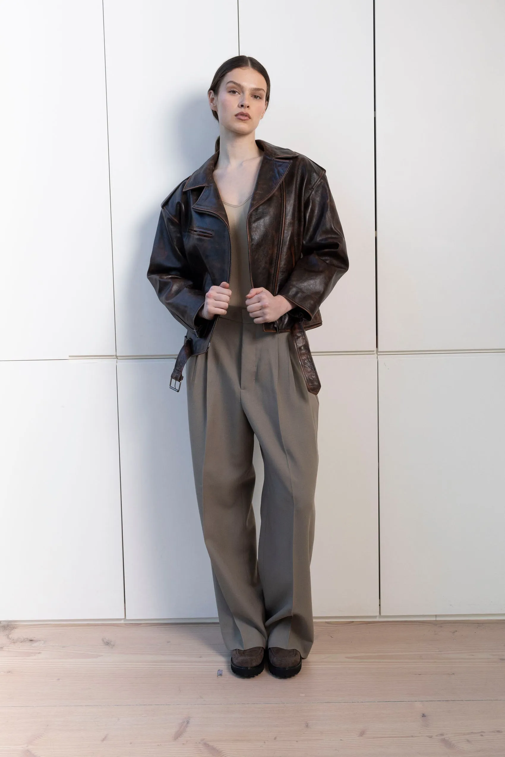 Samantha Distressed Leather Biker Jacket sold by DUCIE