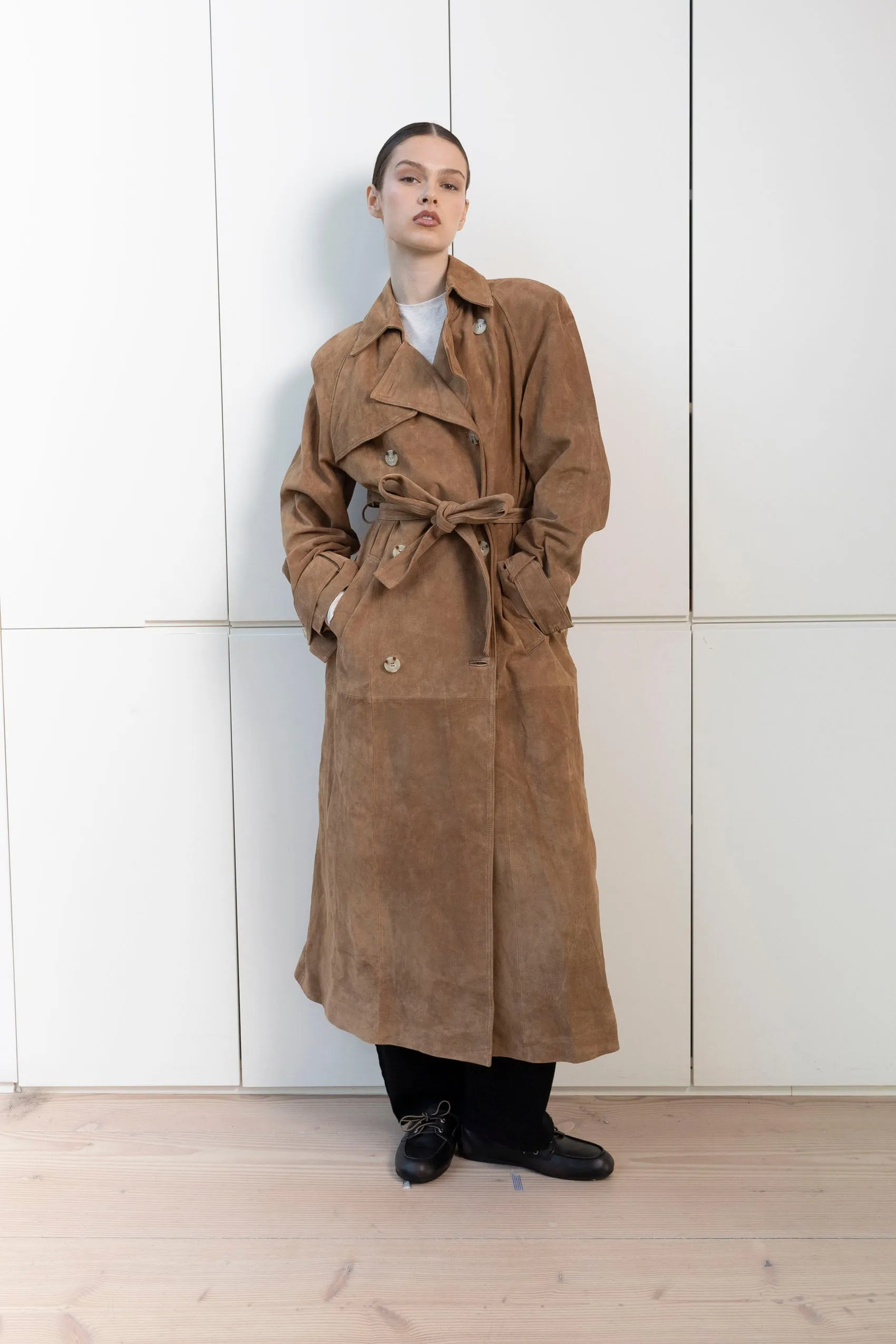 Corrin Suede Trench Coat sold by DUCIE